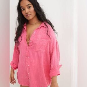 Aerie  “Gauzy Coverup Shirt" in "Club Pink full button up Beach Oversized Medium